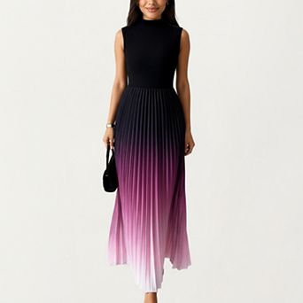 Women's Sleeveless Mock Neck Pleated Maxi Dress with Gradient Ombre Skirt