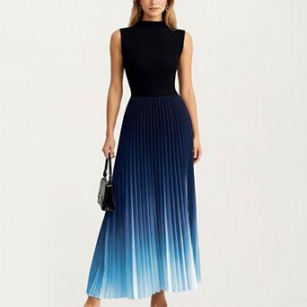 Women's Sleeveless Mock Neck Pleated Maxi Dress with Gradient Ombre Skirt