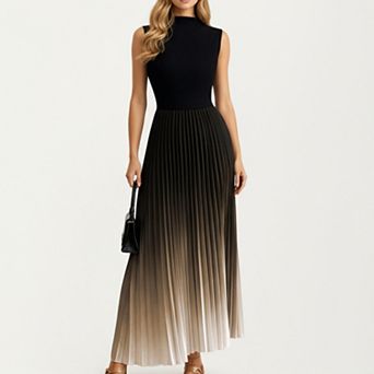 Women's Sleeveless Mock Neck Pleated Maxi Dress with Gradient Ombre Skirt