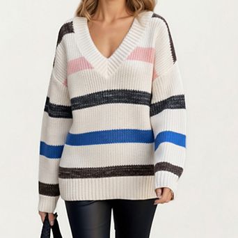 Women's Long Sleeve V-Neck Ribbed Knit Sweater with Multicolor Stripes