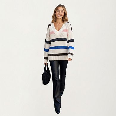 Women's Long Sleeve V-Neck Ribbed Knit Sweater with Multicolor Stripes