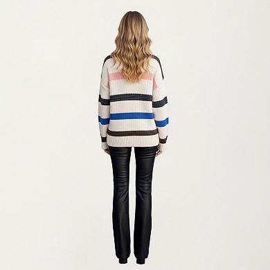 Women's Long Sleeve V-Neck Ribbed Knit Sweater with Multicolor Stripes