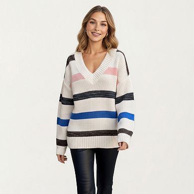 Women's Long Sleeve V-Neck Ribbed Knit Sweater with Multicolor Stripes
