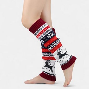 Women's Knit Leg Warmers with Reindeer and Snowflake Pattern