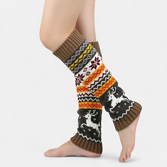 Women's Knit Leg Warmers with Reindeer and Snowflake Pattern