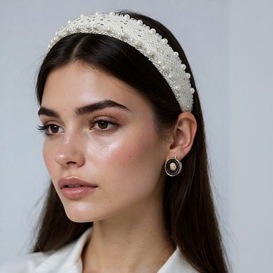 Women's Padded Satin Headband with Pearl and Crystal Bead Embellishments