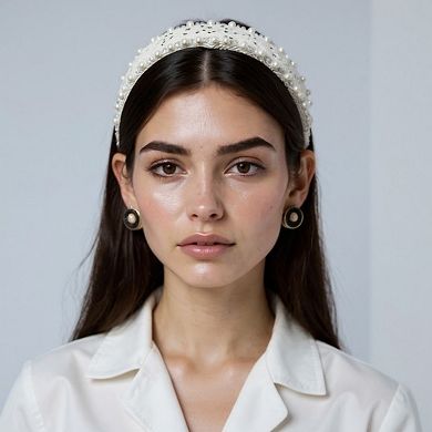 Women's Padded Satin Headband with Pearl and Crystal Bead Embellishments