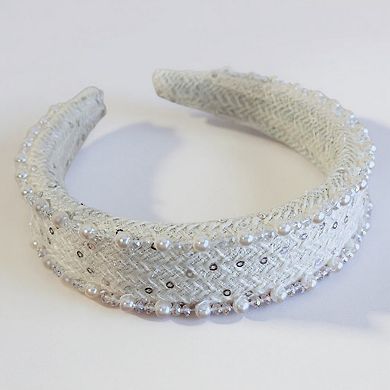 Women's Padded Satin Headband with Pearl and Crystal Bead Embellishments