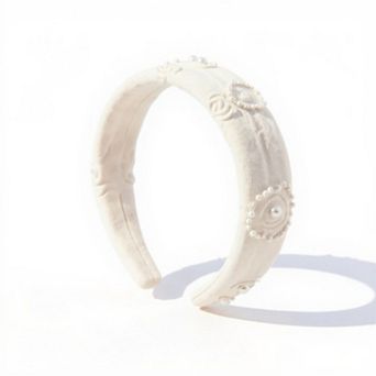 Women's Padded Satin Headband with Pearl and Crystal Bead Embellishments