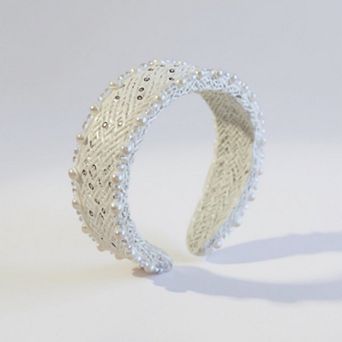 Women's Padded Satin Headband with Pearl and Crystal Bead Embellishments