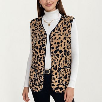 Women's Leopard Print Open Front Vest with Contrast Trim and Front Pockets