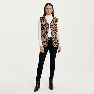 Women's Leopard Print Open Front Vest with Contrast Trim and Front Pockets