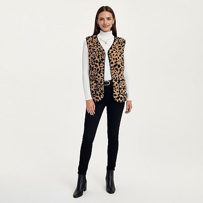 Women's Leopard Print Open Front Vest with Contrast Trim and Front