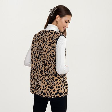 Women's Leopard Print Open Front Vest with Contrast Trim and Front Pockets