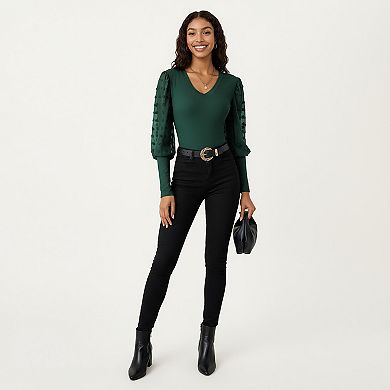Women's Long Sleeve V-Neck Knit Top with Sheer Textured Balloon Sleeves