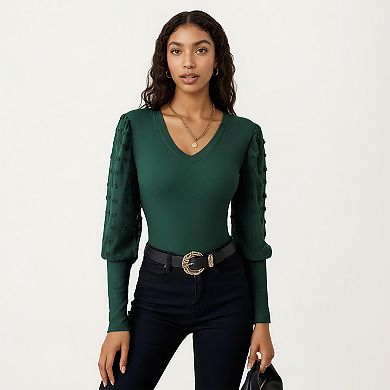 Women's Long Sleeve V-Neck Knit Top with Sheer Textured Balloon Sleeves
