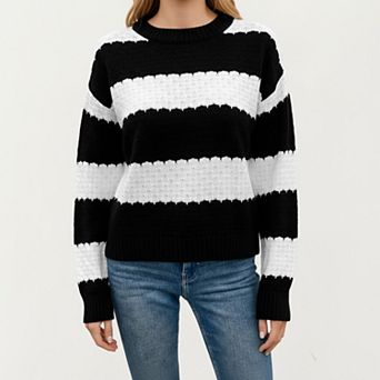 Women's Long Sleeve Knit Sweater with Bold Horizontal Stripes and Ribbed Trim