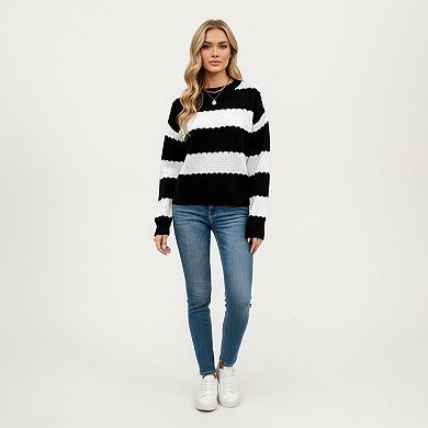 Women's Long Sleeve Knit Sweater with Bold Horizontal Stripes and Ribbed Trim