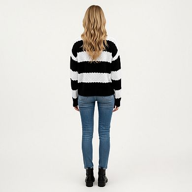 Women's Long Sleeve Knit Sweater with Bold Horizontal Stripes and Ribbed Trim