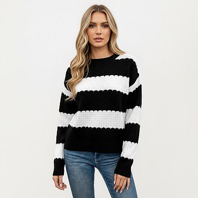 Women's Long Sleeve Knit Sweater with Bold Horizontal Stripes and Ribbed Trim