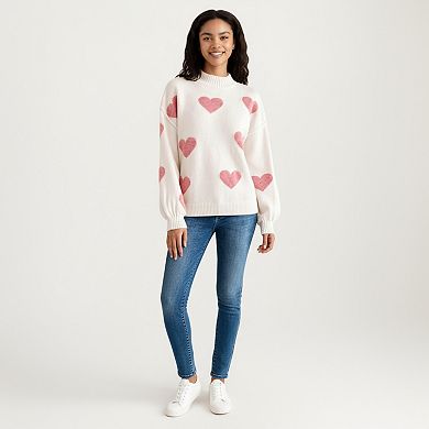 Women's Long Sleeve Knit Sweater with Heart Pattern and Ribbed Trim