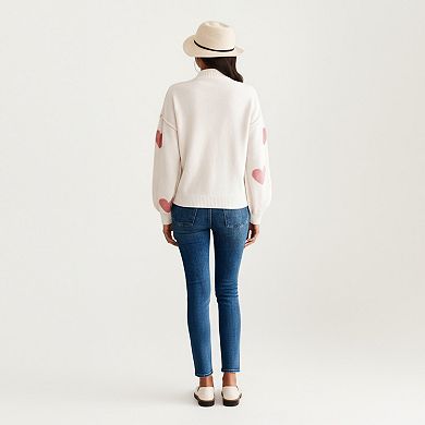 Women's Long Sleeve Knit Sweater with Heart Pattern and Ribbed Trim