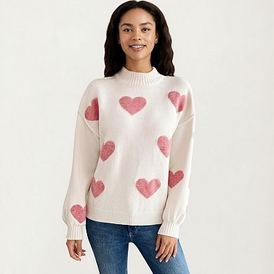 Women's Long Sleeve Knit Sweater with Heart Pattern and Ribbed Trim