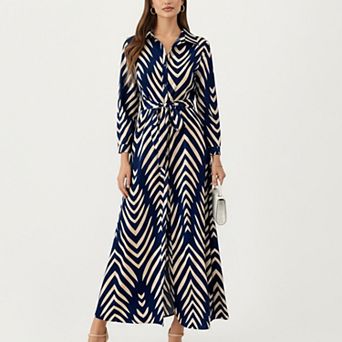 Women's Long Sleeve Button-Up Maxi Shirt Dress with Geometric Chevron Print and Waist Tie