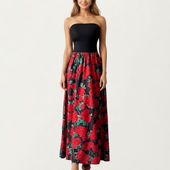 Women's Strapless Maxi Dress with Fitted Bodice and Floral Print Skirt