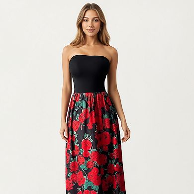 Women's Strapless Maxi Dress with Fitted Bodice and Floral Print Skirt
