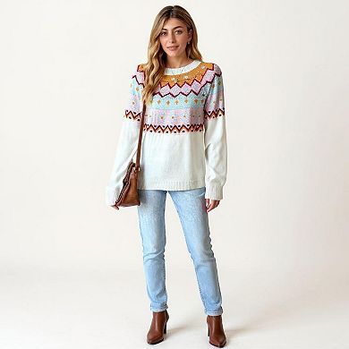 Women's Long Sleeve Knit Sweater with Geometric Pattern and Ribbed Hem Detail