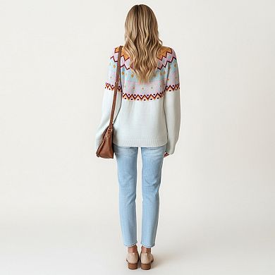 Women's Long Sleeve Knit Sweater with Geometric Pattern and Ribbed Hem Detail