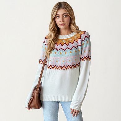 Women's Long Sleeve Knit Sweater with Geometric Pattern and Ribbed Hem Detail