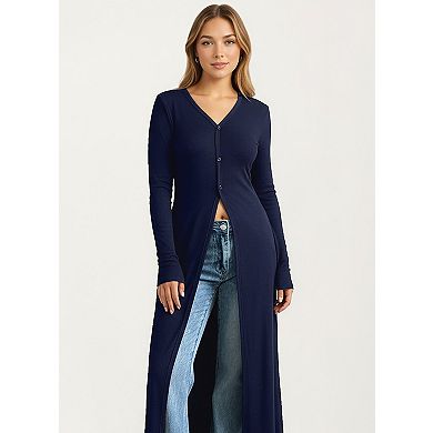 Women's Long Sleeve Maxi Cardigan with Button Front and Deep Side Slit
