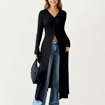 Women's Long Sleeve Maxi Cardigan with Button Front and Deep Side Slit