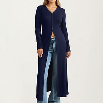 Women's Long Sleeve Maxi Cardigan with Button Front and Deep Side Slit