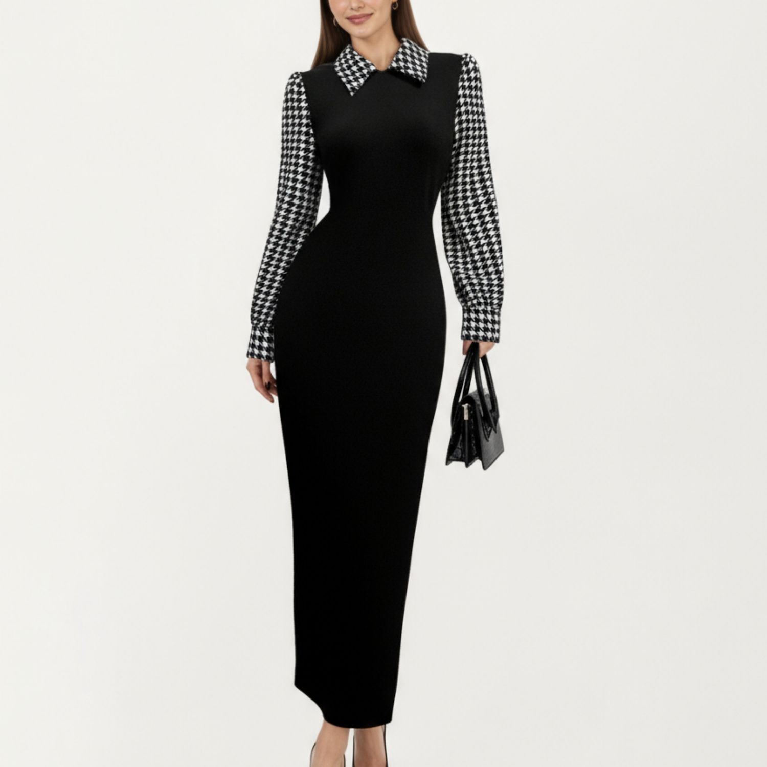 Женские платья Long Sleeve Houndstooth Collar Maxi Dress with Fitted Silhouette and Contrast Design