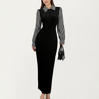 Women's Long Sleeve Houndstooth Collar Maxi Dress with Fitted Silhouette and Contrast Design
