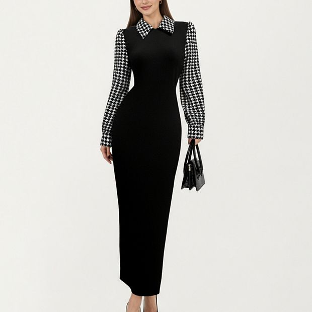Women's Long Sleeve Houndstooth Collar Maxi Dress with Fitted Silhouette  and Contrast Design