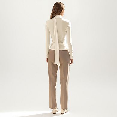 Women's Long Sleeve Draped Cowl Neck Top with Attached Scarf Detail