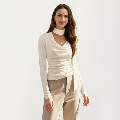Women's Long Sleeve Draped Cowl Neck Top with Attached Scarf Detail