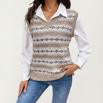 Women's Sleeveless V-Neck Knit Sweater Vest with Geometric Pattern Design