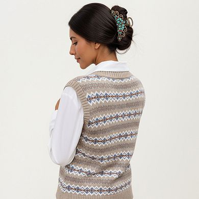 Women's Sleeveless V-Neck Knit Sweater Vest with Geometric Pattern Design