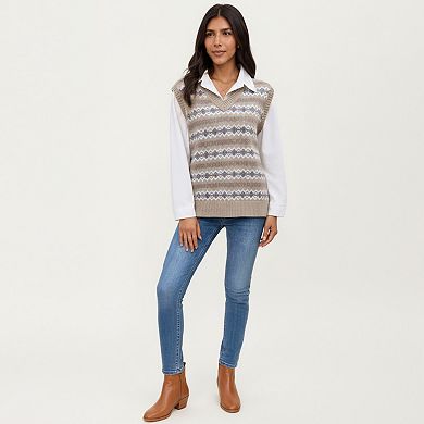 Women's Sleeveless V-Neck Knit Sweater Vest with Geometric Pattern Design