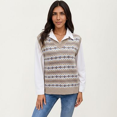 Women's Sleeveless V-Neck Knit Sweater Vest with Geometric Pattern Design