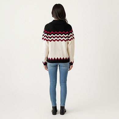 Women's Long Sleeve Knit Sweater with Chevron Pattern and Split Collar Detail