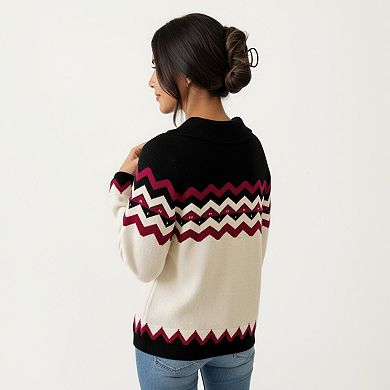 Women's Long Sleeve Knit Sweater with Chevron Pattern and Split Collar Detail