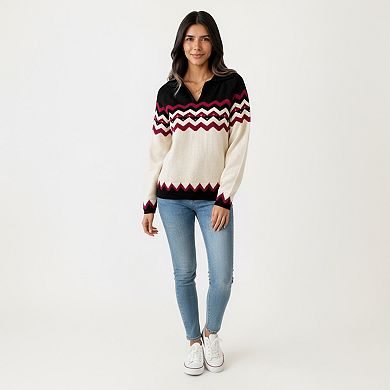 Women's Long Sleeve Knit Sweater with Chevron Pattern and Split Collar Detail