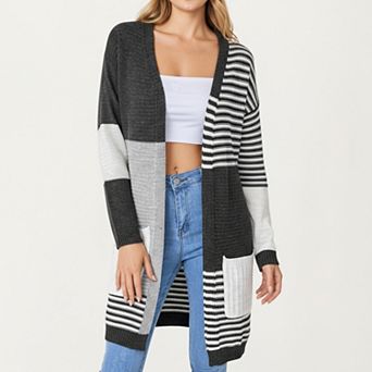 Women's Long Sleeve Color Block Striped Knit Cardigan with Front Pockets