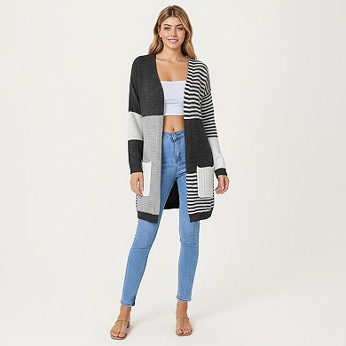 Women's Long Sleeve Color Block Striped Knit Cardigan with Front Pockets